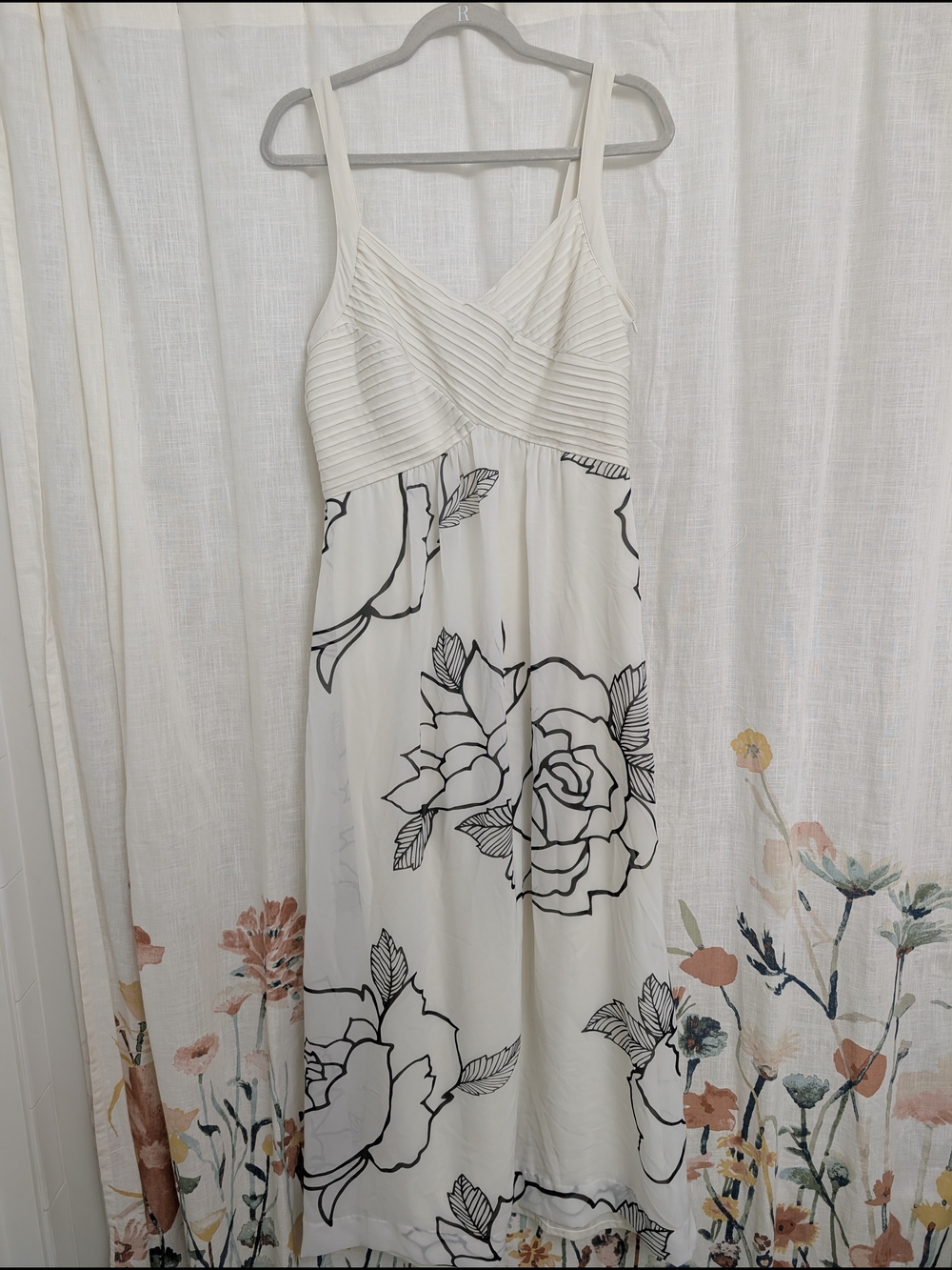 Amanda Lane White Black Floral Midi Dress Size 14 Sleeveless Pleated Bodice